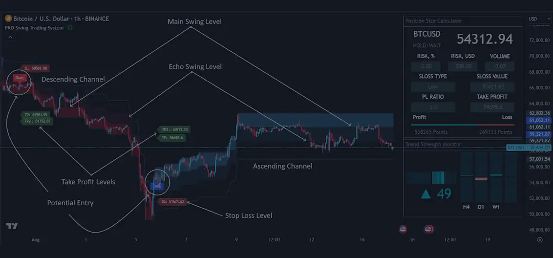 Original PRO Swing walkthrough labeling channel levels, potential entries, take-profit levels and stop-loss level
